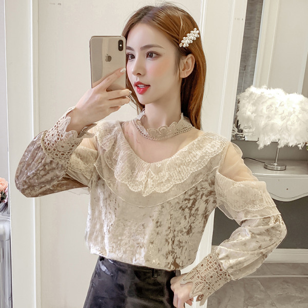 Női bársony blúz kék és bézs színben, hosszú ujjal és csipkével