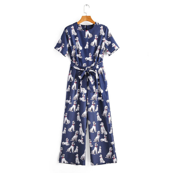 Salopetă lungă modernă cu curea în albastru cu model cu model