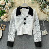 Új modell női csipkeblúz klasszikus gallérral és gombokkal fehér és fekete színben