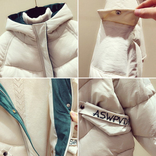 Női téli kabát kapucnival, a zsebén fekete, zöld és fehér felirattal