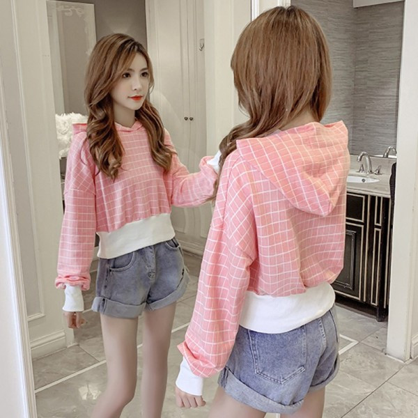 Lezser női rövid, zöld és rózsaszín blúz kapucnival