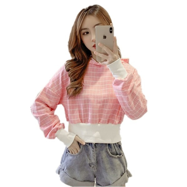 Lezser női rövid, zöld és rózsaszín blúz kapucnival