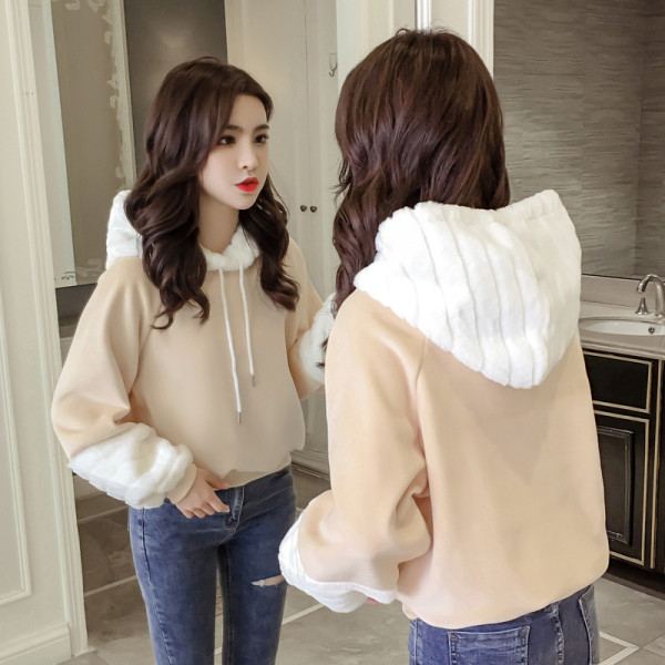 Γυναικείο φούτερ casual σε ροζ και μπεζ χρώμα με κορδόνια 