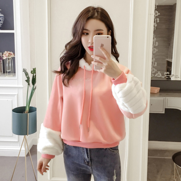 Γυναικείο φούτερ casual σε ροζ και μπεζ χρώμα με κορδόνια 