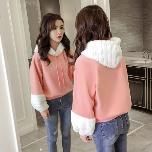 Γυναικείο φούτερ casual σε ροζ και μπεζ χρώμα με κορδόνια 