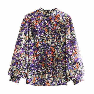Bluza casual de dama cu maneci bufante de culoare albastra cu model floral