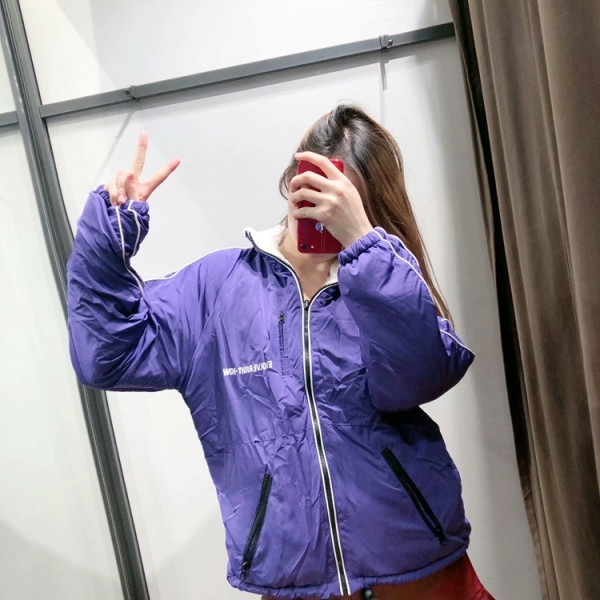 Jachetă modernă de toamnă-iarna cu două fețe cu fermoar și buzunare în albastru