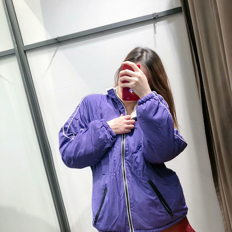 Jachetă modernă de toamnă-iarna cu două fețe cu fermoar și buzunare în albastru