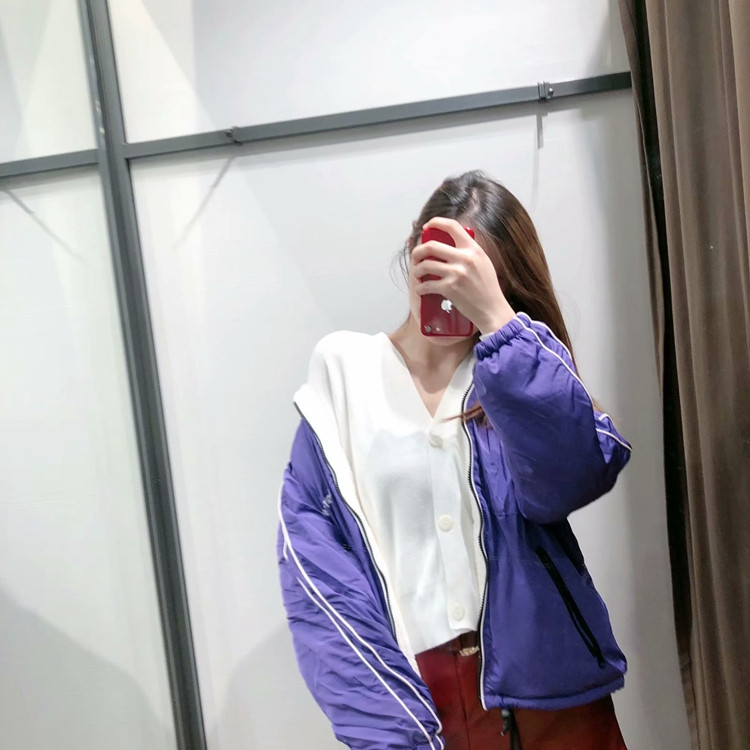 Jachetă modernă de toamnă-iarna cu două fețe cu fermoar și buzunare în albastru