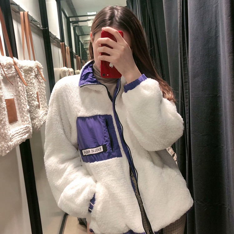 Jachetă modernă de toamnă-iarna cu două fețe cu fermoar și buzunare în albastru