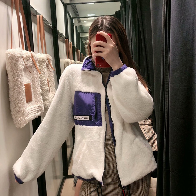 Jachetă modernă de toamnă-iarna cu două fețe cu fermoar și buzunare în albastru