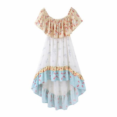 Női tavaszi-nyári rövid ruha csupasz vállval, kék és színes mintával