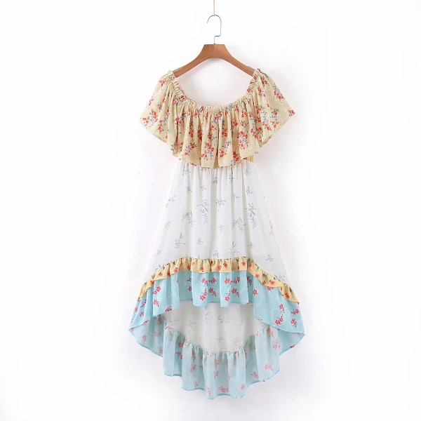 Női tavaszi-nyári rövid ruha csupasz vállval, kék és színes mintával