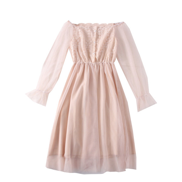 Új modell női ruha hímzéssel, gombokkal és tüll fehér, rózsaszín és bézs színekben