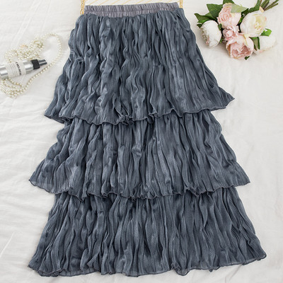 Fusta lunga de dama plisata in patru culori cu talie elastica