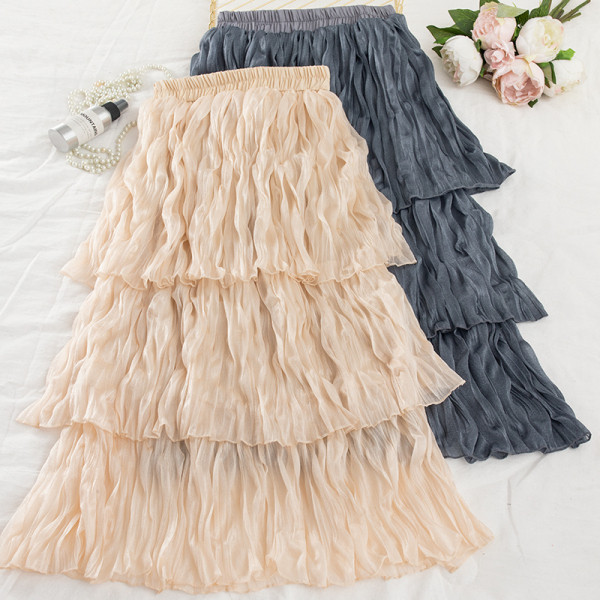 Fusta lunga de dama plisata in patru culori cu talie elastica