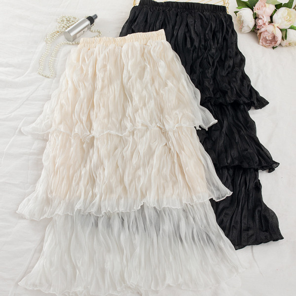 Fusta lunga de dama plisata in patru culori cu talie elastica