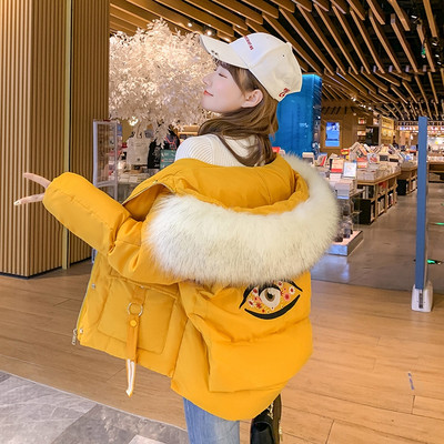 NOU Jachetă de iarnă de damă modernă cu broderie pe spate și în jos pe glugă în alb, galben, negru și verde