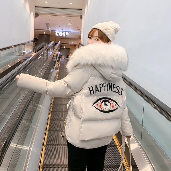 NOU Jachetă de iarnă de damă modernă cu broderie pe spate și în jos pe glugă în alb, galben, negru și verde