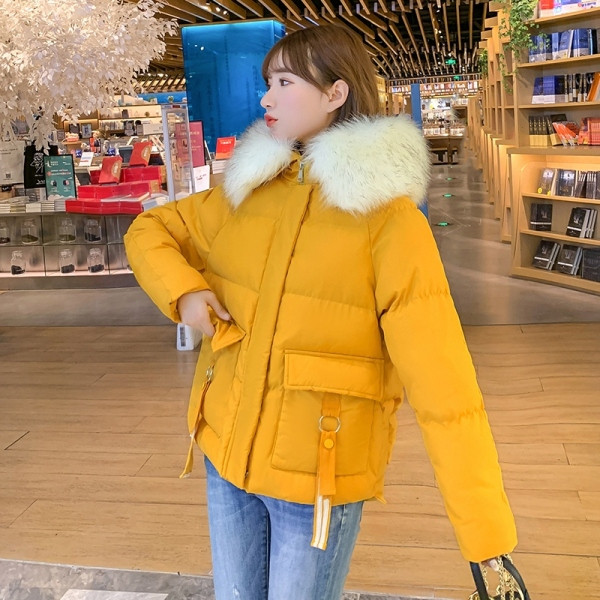 NOU Jachetă de iarnă de damă modernă cu broderie pe spate și în jos pe glugă în alb, galben, negru și verde