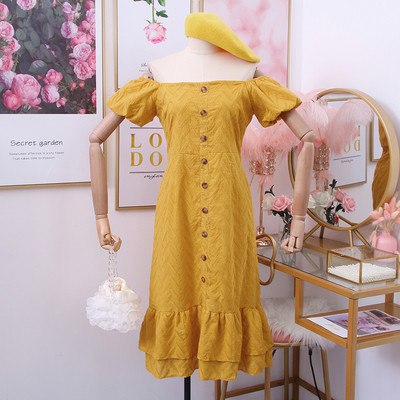 Γυναικείο φόρεμα με λαιμόκοψη και κουμπιά σε ροζ, κίτρινο, λευκό και μπλε χρώμα