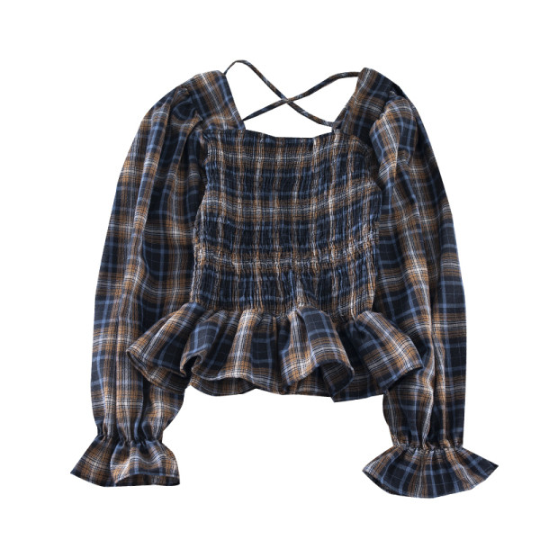 Kockás női blúz kék és barna színben, négyzet alakú nyakkivágással