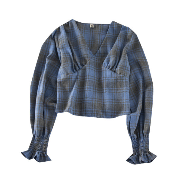 Kockás női blúz három színben V-nyakú és hosszú ujjú