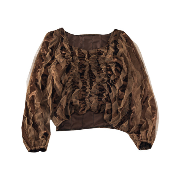 Fekete, barna és fehér női blúz négyzet alakú nyakkivágással és hosszú ujjal