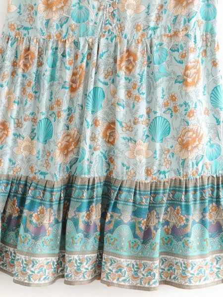 Rochie casual de dama cu decolteu in V si maneci scurte in albastru cu imprimeu floral