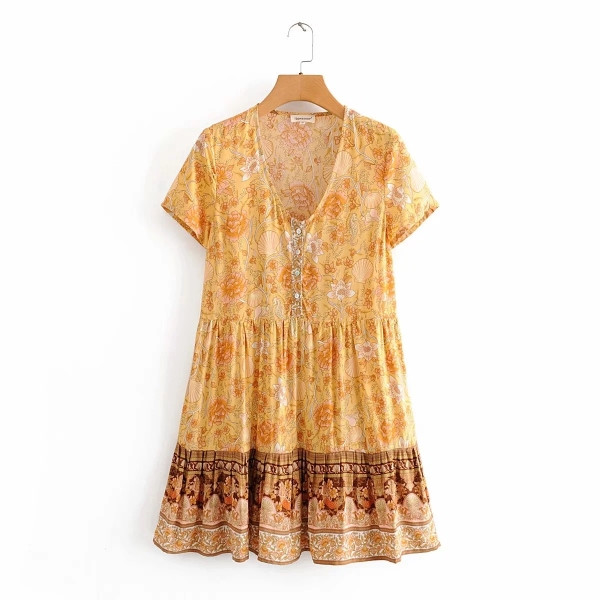 Rochie casual de dama cu decolteu in V si maneci scurte in albastru cu imprimeu floral