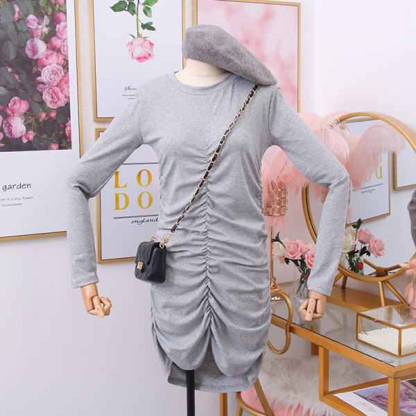 Rochie casual de dama cu decolteu oval si maneci lungi in bej, gri si negru