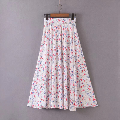 Fusta cu croiala lunga cu talie inalta in alb si rosu cu model floral