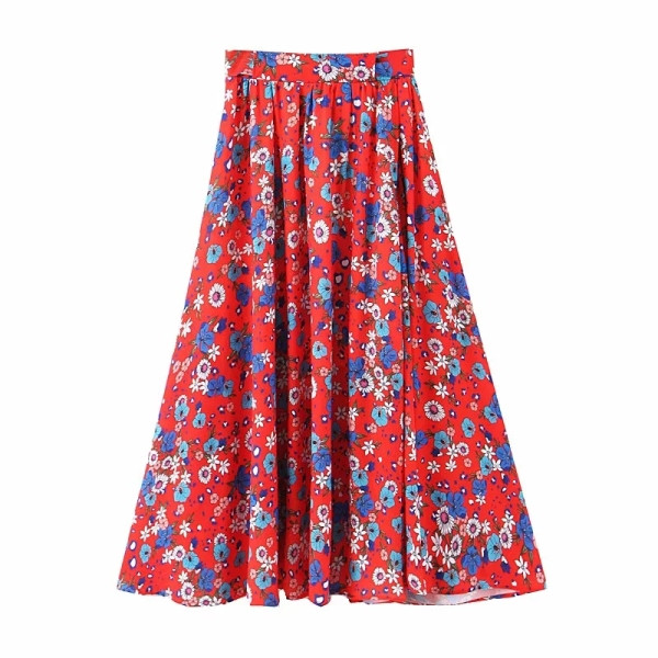 Fusta cu croiala lunga cu talie inalta in alb si rosu cu model floral