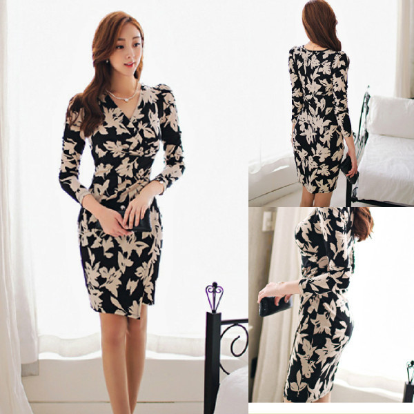 Elegáns női ruha 7/8-as ujjal és spitz nyakkivágással - aszimmetrikus modell