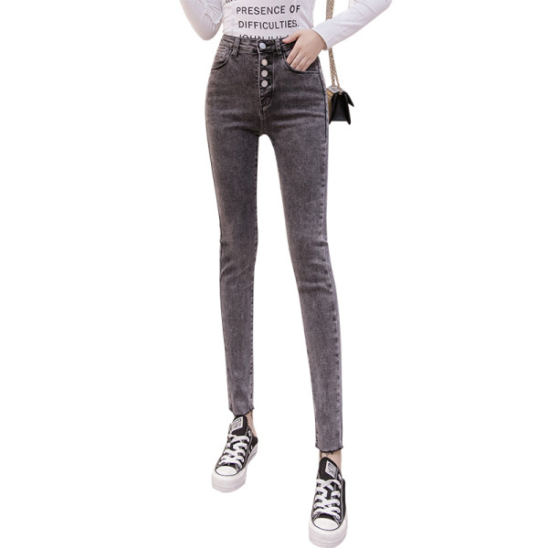 Szürke, magas derékú és gombos női, testhezálló farmernadrág