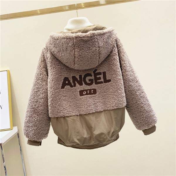 Jachetă de puf de damă modernă nouă, cu inscripție pe spate și glugă în culorile roz, bej și maro