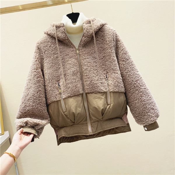 Jachetă de puf de damă modernă nouă, cu inscripție pe spate și glugă în culorile roz, bej și maro