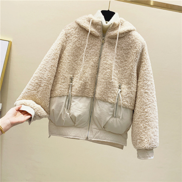 Jachetă de puf de damă modernă nouă, cu inscripție pe spate și glugă în culorile roz, bej și maro