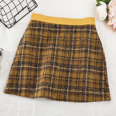 Kockás téli szoknya sárga, bézs és fekete színben, gumis derékkal
