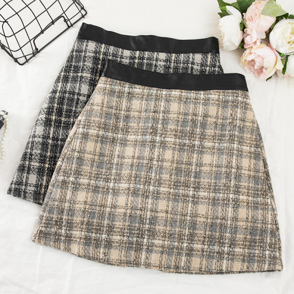 Kockás téli szoknya sárga, bézs és fekete színben, gumis derékkal
