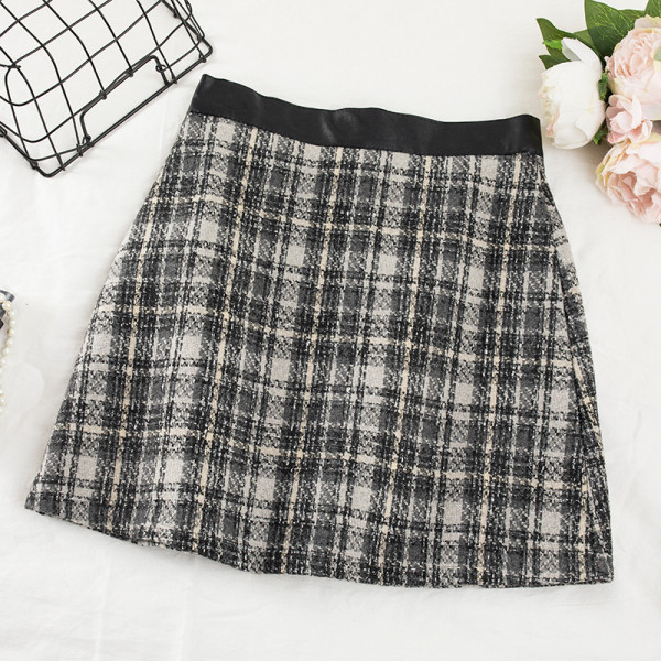 Kockás téli szoknya sárga, bézs és fekete színben, gumis derékkal
