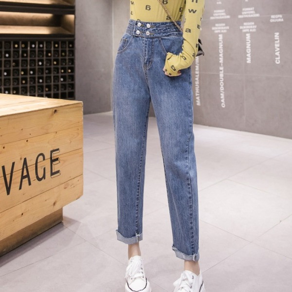 Hosszú egyenes farmer magas derékkal, kék színben