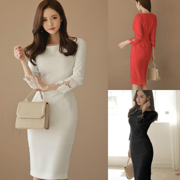 Modern női ruha ovális nyakkivágással és csipkével az ujjakon fehér, fekete és piros színben