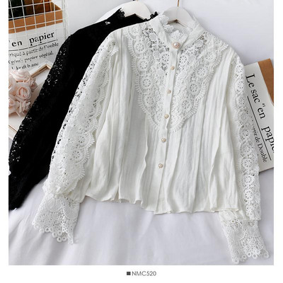 Új modell női ing alacsony gallérral, gombokkal és csipkével fehér, fekete és bézs színben - retro stílusban