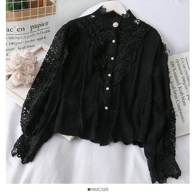 Új modell női ing alacsony gallérral, gombokkal és csipkével fehér, fekete és bézs színben - retro stílusban