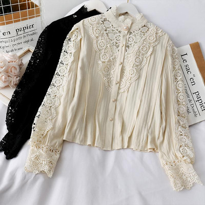 Új modell női ing alacsony gallérral, gombokkal és csipkével fehér, fekete és bézs színben - retro stílusban