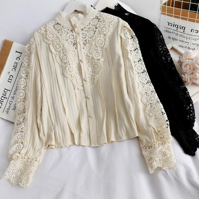 Új modell női ing alacsony gallérral, gombokkal és csipkével fehér, fekete és bézs színben - retro stílusban