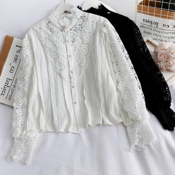 Új modell női ing alacsony gallérral, gombokkal és csipkével fehér, fekete és bézs színben - retro stílusban