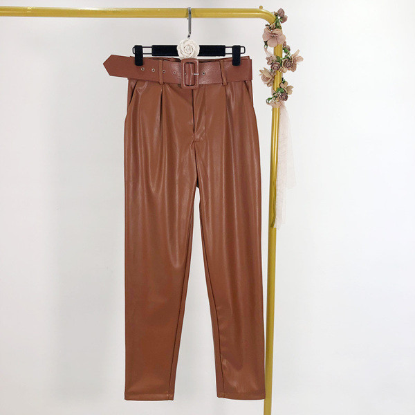 Pantaloni moderni de dama cu talie inalta si curea din piele ecologica de culoare maro si negru