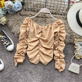 Bluză de damă modernă în cinci culori, cu decolteu în V și mâneci lungi